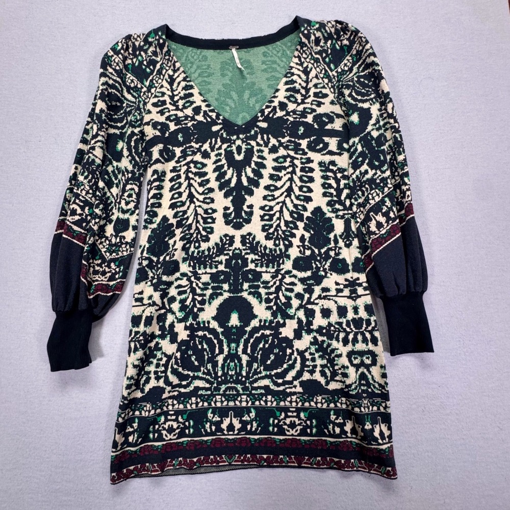 Free PeopleMusic and Lyrics Printed Sweater Mini Dress Black Green Boho XS